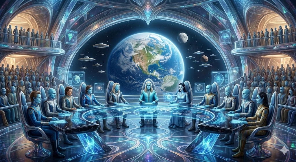 A cinematic view of the Andromedan Council. Light-blue skinned humanoids, both Nordic and Oriental types, sit at a glowing crystalline table overlooking Earth. Their 2,000-year-old elders have white skin.