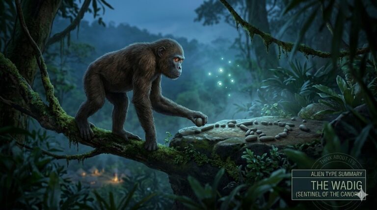 Cinematic 16:9 visualization of a Wadig 'Savanna Sentinel' perched on a jungle branch in the Congo Basin, arranging smooth stones into a star-chart constellation while glowing light-orbs hover in the background.