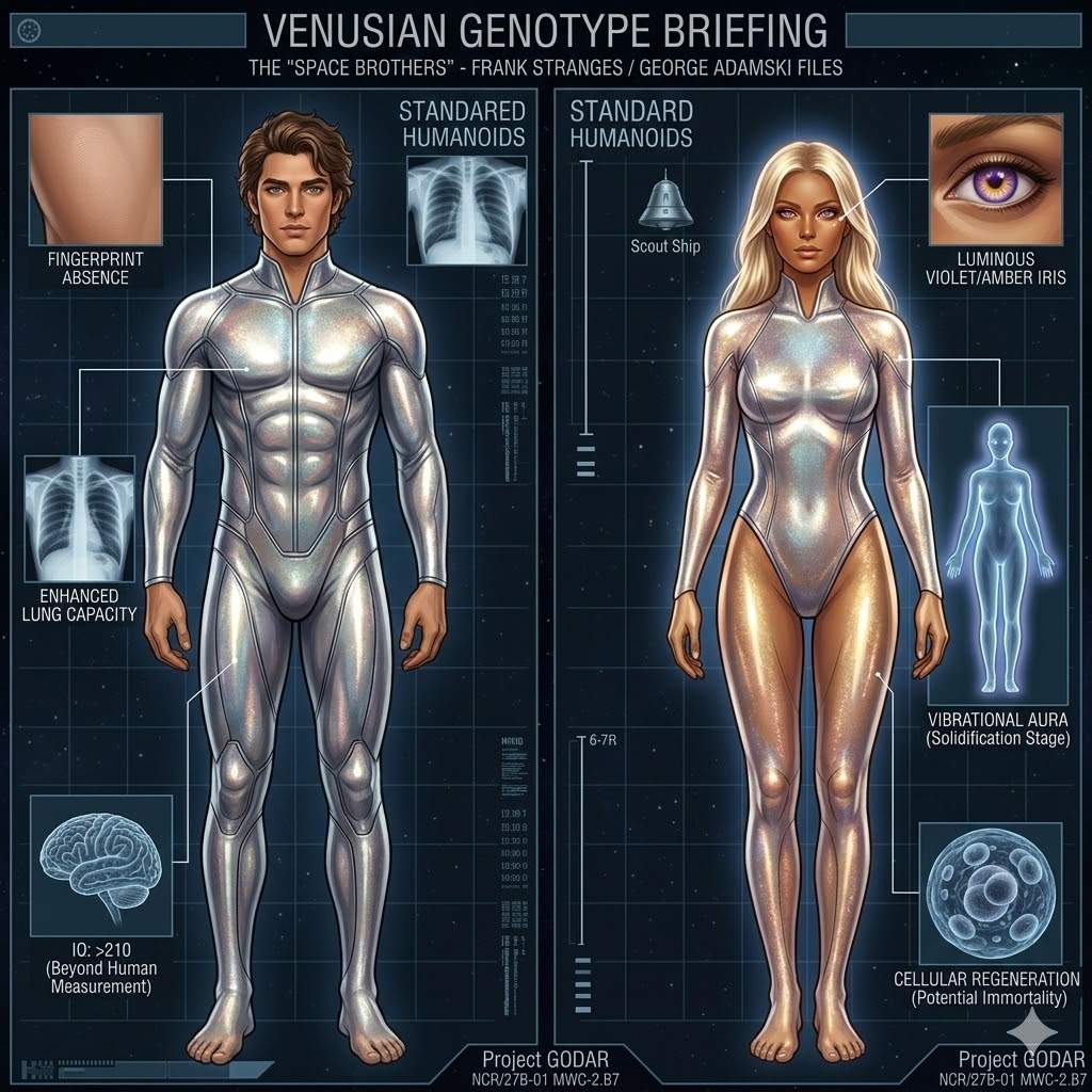 Technical briefing diagram of male and female Venusian aliens showing standard humanoid features, large violet eyes, and glowing vibrational auras.