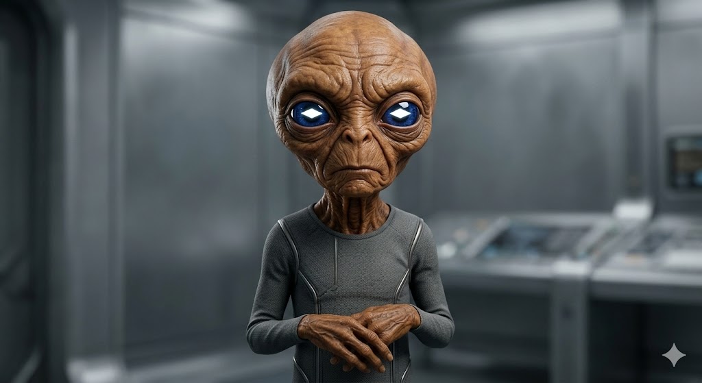 A short extraterrestrial with tanned, deeply wrinkled skin and large blue eyes with white diamond-shaped pupils, standing in a neutral environment.