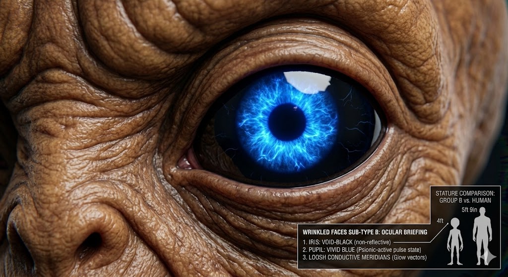Close up of a wrinkled extraterrestrial face showing black irises and vivid blue pupils, illustrating the Group B ocular subspecies.