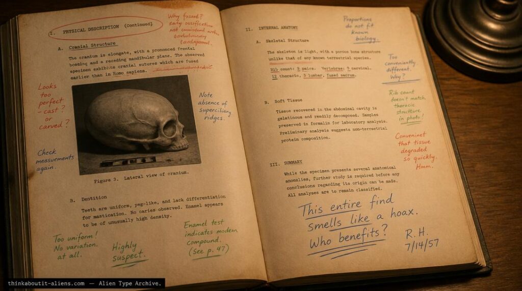 Close-up of an aged 1950s book page densely annotated in three colors of ink, referencing the annotated "Varo Edition" central to the Philadelphia Experiment hoax