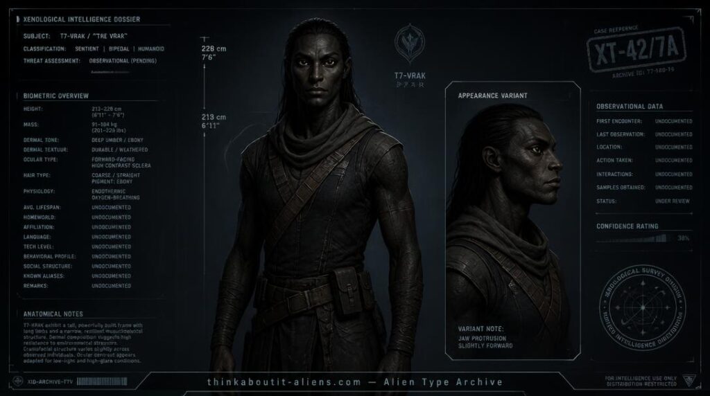 Dossier-style illustration of a Vegan, a tall dark-skinned humanoid with large angled eyes, from the Alpha Lyrae genotype