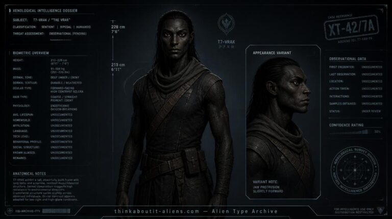 Dossier-style illustration of a Vegan, a tall dark-skinned humanoid with large angled eyes, from the Alpha Lyrae genotype