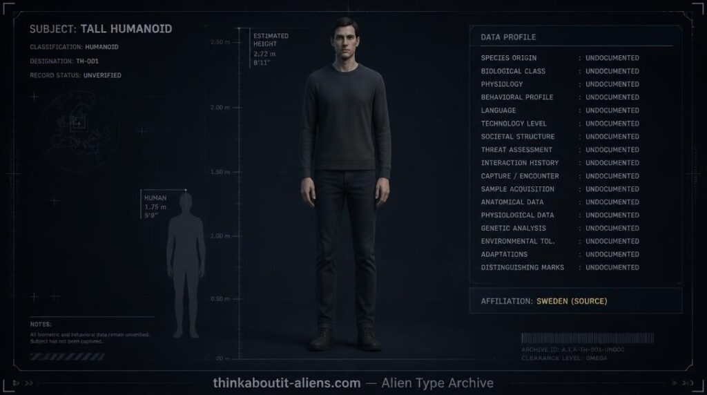 Dossier-style illustration of the Very Tall Race, a seven-to-eight-foot human-passing alien type, shown for height scale