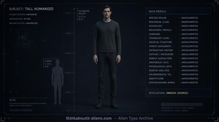 Dossier-style illustration of the Very Tall Race, a seven-to-eight-foot human-passing alien type, shown for height scale