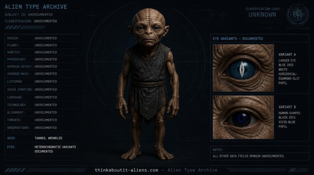Dossier-style illustration of the Wrinkled Faces, a short tanned humanoid, with close-up insets of its two documented eye variants