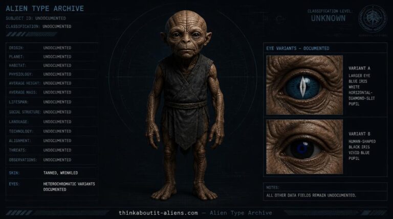 Dossier-style illustration of the Wrinkled Faces, a short tanned humanoid, with close-up insets of its two documented eye variants