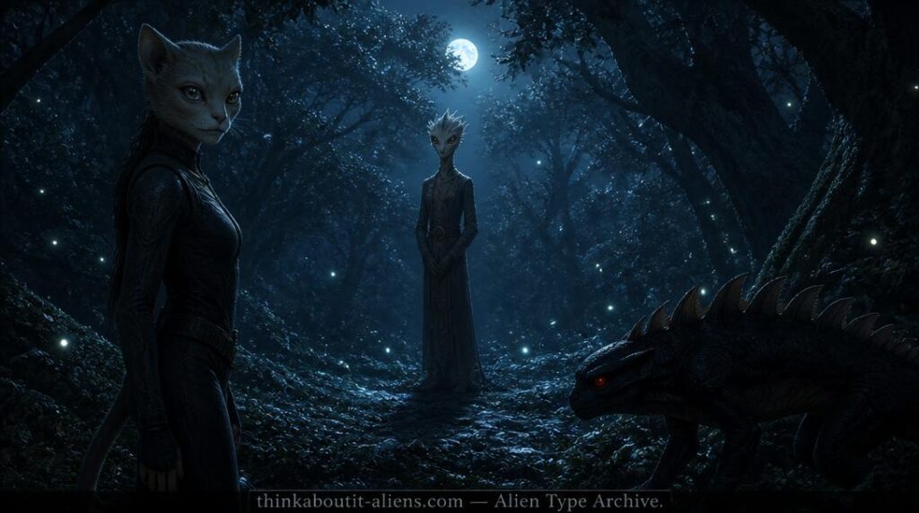 Three animal-type alien entities in a moonlit forest clearing — a catlike Lyran humanoid, a thin birdlike Lyran intellectual, and a shadowed quadrupedal predator with red eyes
