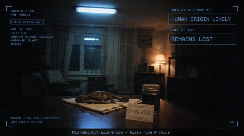 A small mummified form on a cloth-covered table in a dim 1996 Russian apartment, with an evidence tag nearby, illustrating the Aleshenka Kyshtym Dwarf case