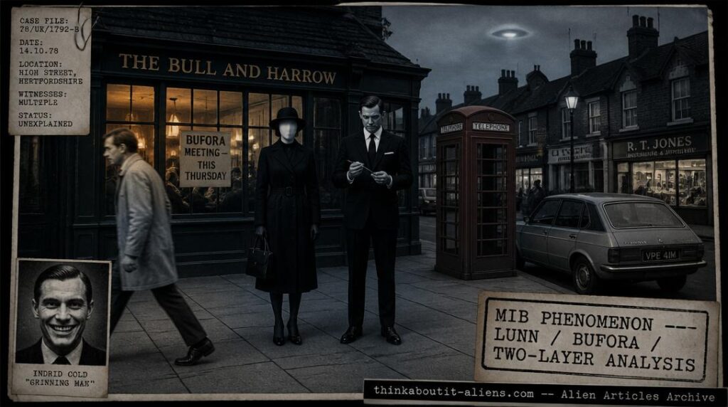 1970s English high street at dusk with a Female in Black and male MIB holding a pen incorrectly, red phone box and BUFORA poster in pub window, faint disc in sky