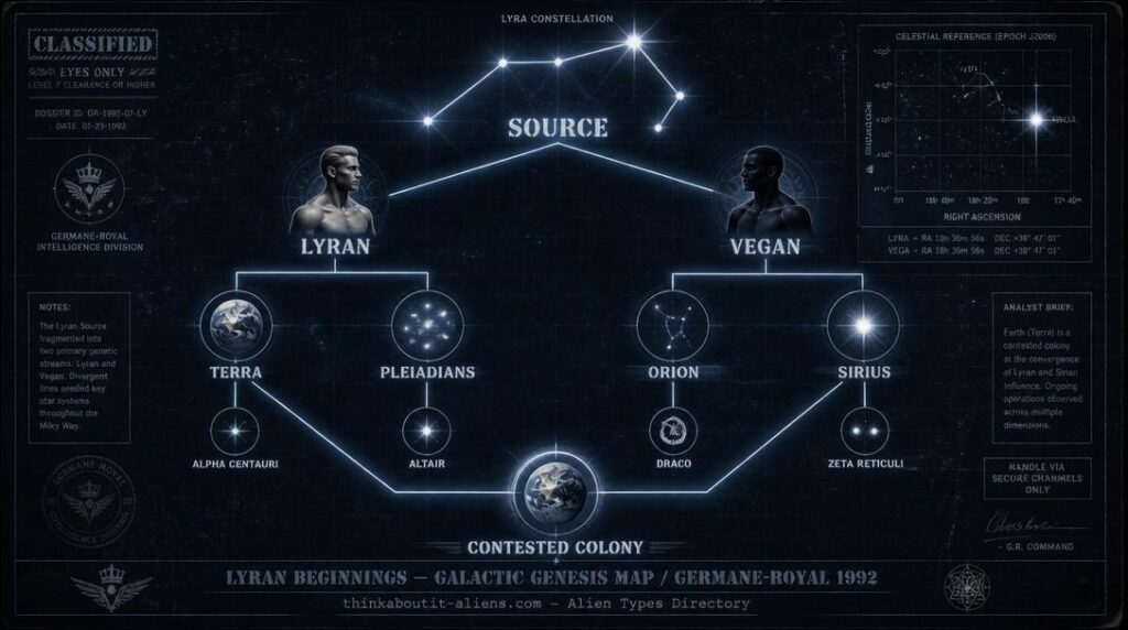 Galactic family tree diagram showing the Lyran and Vegan branches of humanoid alien species descending from the Lyra constellation to Pleiadians, Sirians, Orions, and Earth