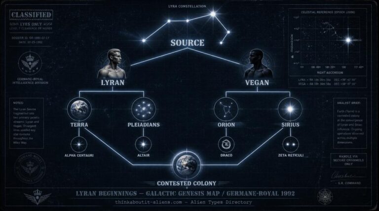 Galactic family tree diagram showing the Lyran and Vegan branches of humanoid alien species descending from the Lyra constellation to Pleiadians, Sirians, Orions, and Earth