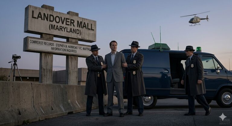 Federal agents capturing a human-looking alien near a Maryland shopping mall in 1980.