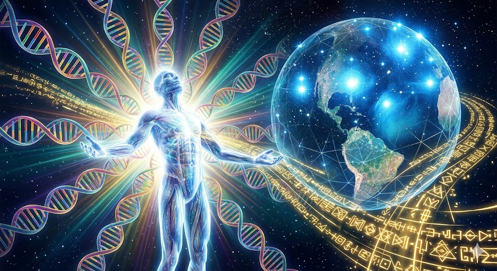 A spiritual illustration of a human undergoing 12-strand DNA activation based on Pleiadian Bringers of the Dawn teachings.