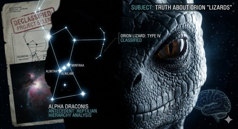 A detailed portrait of an Orion Reptilian alien with the Orion constellation visible in the background.