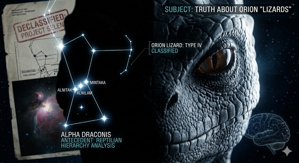 A detailed portrait of an Orion Reptilian alien with the Orion constellation visible in the background.