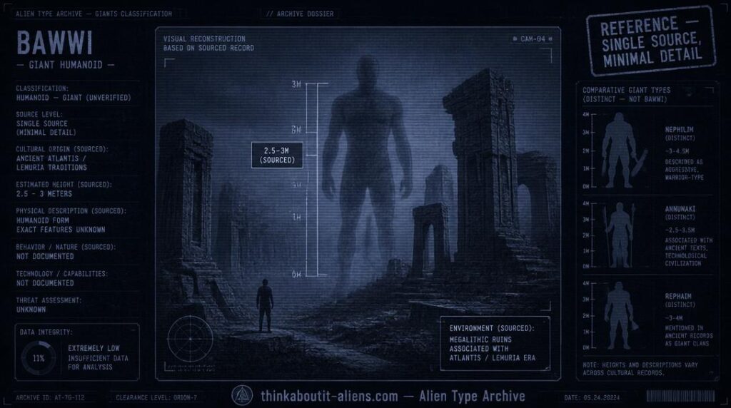 Dossier-style illustration of a translucent giant humanoid silhouette among megalithic ruins, with a height-scale marker, representing the thinly-sourced Bawwi reference.