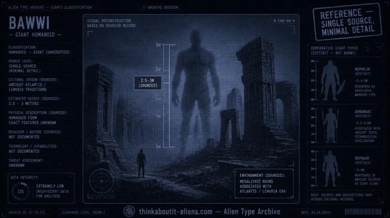 Dossier-style illustration of a translucent giant humanoid silhouette among megalithic ruins, with a height-scale marker, representing the thinly-sourced Bawwi reference.