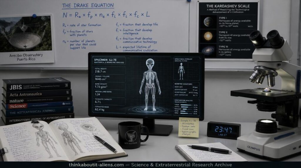 A research laboratory desktop with a 3D wireframe alien morphology model on screen, scientific journals, a microscope with anomalous metallic sample, and a whiteboard showing the Drake Equation