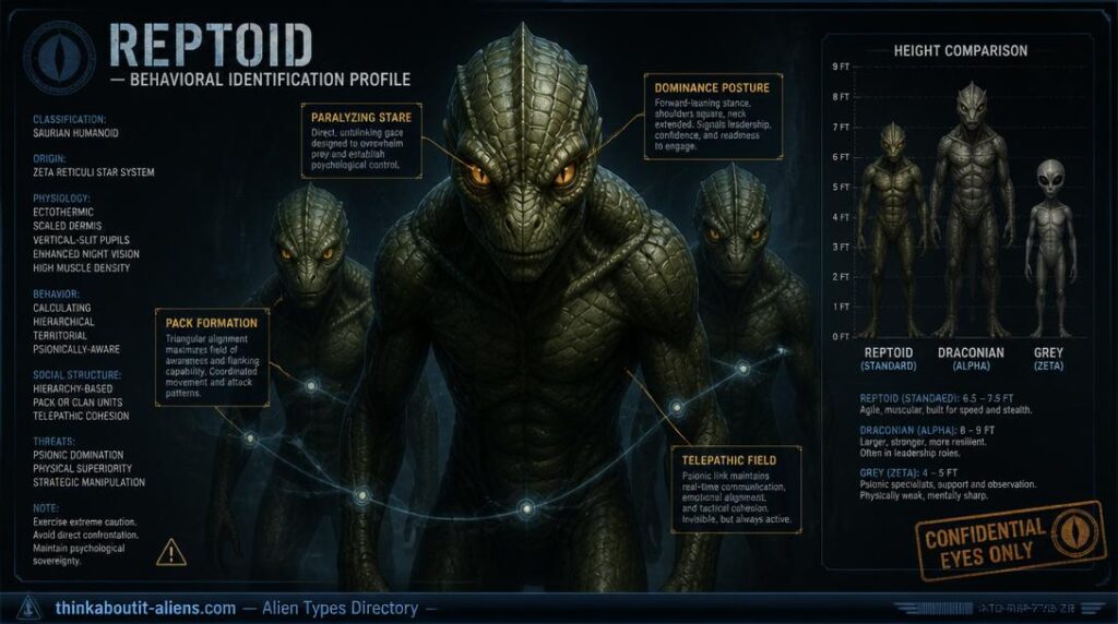 Reptoid in dominant forward-lean posture with paralyzing amber-eye stare flanked by two pack-formation Reptoids, connected by faint telepathic field lines with behavioral callout labels