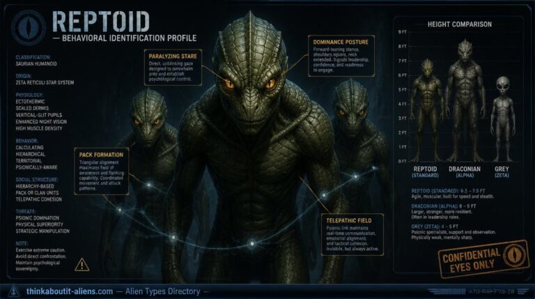 Reptoid in dominant forward-lean posture with paralyzing amber-eye stare flanked by two pack-formation Reptoids, connected by faint telepathic field lines with behavioral callout labels
