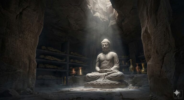 An underground Egyptian-style chamber in the Grand Canyon with a Buddha statue and mummies.