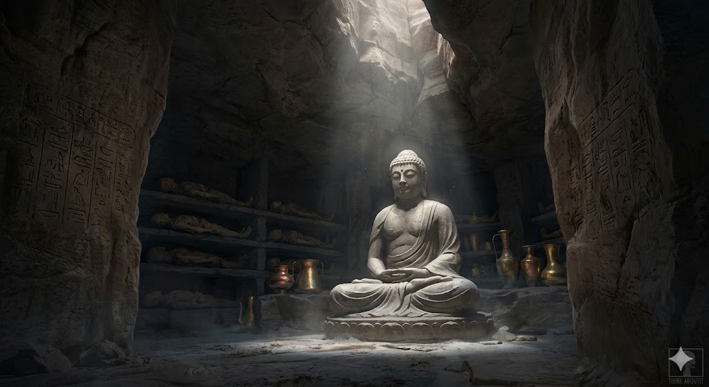 An underground Egyptian-style chamber in the Grand Canyon with a Buddha statue and mummies.