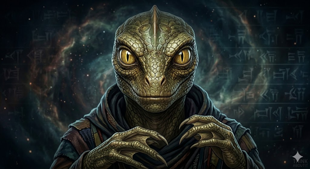 Close-up of a reptilian alien with scales, golden eyes, and a hypnotic gaze.