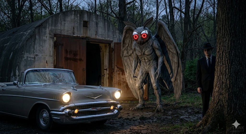 The Mothman with glowing red eyes standing near a TNT area bunker with a Man in Black in the background.