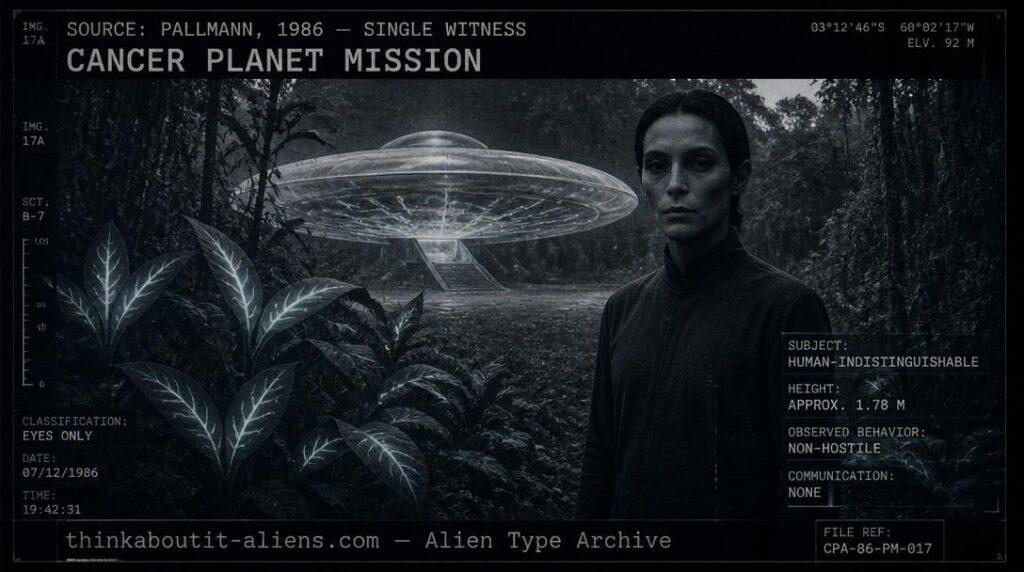 Dossier-style illustration of an Itibi Ra humanoid at an Amazon plantation beside a biological disc craft