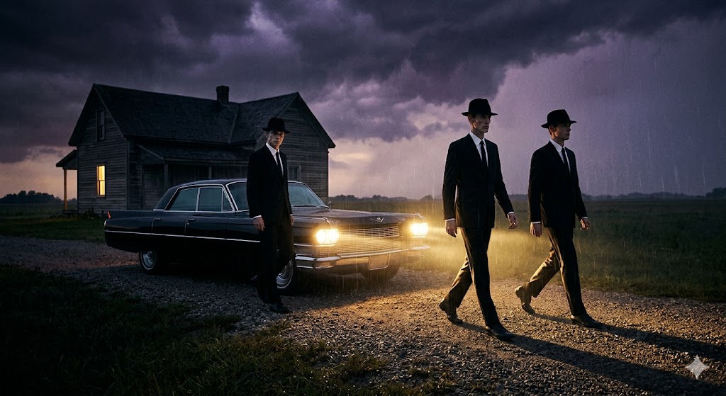 Three Men in Black leaving a witness's home at night with their black sedan in the background.