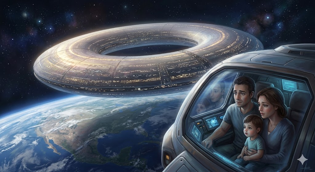 A massive donut-shaped alien ship hovering over Earth with human-looking aliens watching from a window.