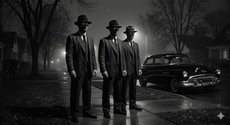 A vintage-style recreation of the three Men in Black visiting a witness in the 1950s.
