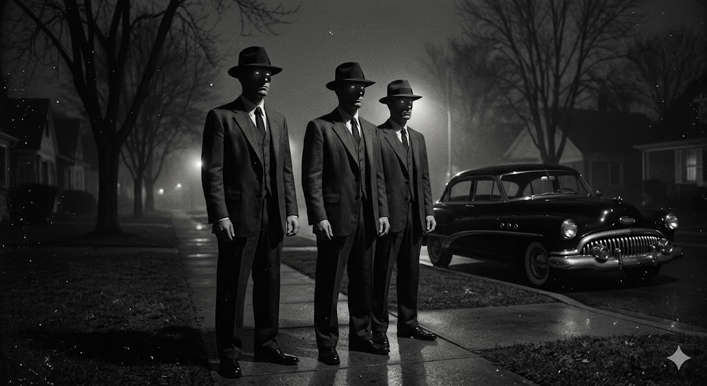 A vintage-style recreation of the three Men in Black visiting a witness in the 1950s.