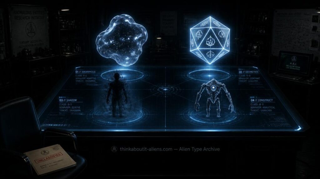 Unknown Alien Types: A holographic display table projecting four unclassified alien entities — an amorphous blob, a geometric icosahedron, a shadow being, and a mechanical construct — in a dark research laboratory