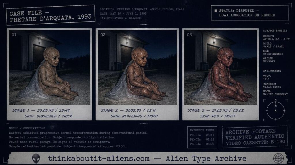 Dossier-style illustration of a small, clay-textured humanoid figure partially wrapped in translucent covering near an Italian garage at night, in a Polaroid-style triptych, representing the 1993 Filiberto Caponi case.