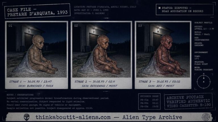 Dossier-style illustration of a small, clay-textured humanoid figure partially wrapped in translucent covering near an Italian garage at night, in a Polaroid-style triptych, representing the 1993 Filiberto Caponi case.