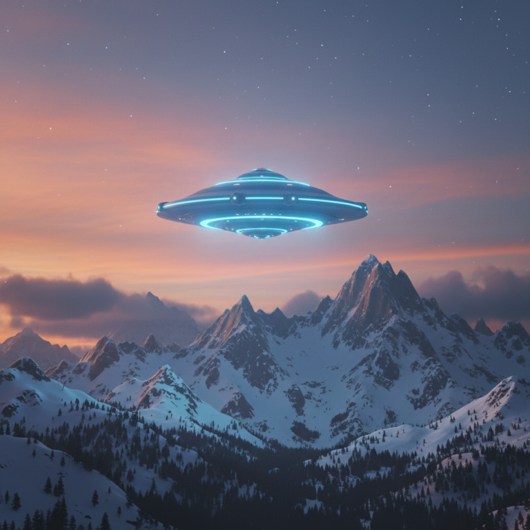 This shot captures the peaceful, liberating descent of the Andromedan Council ship over a modern-day mountain range. The smooth, blue bioluminescent hull casting its light over the peaks