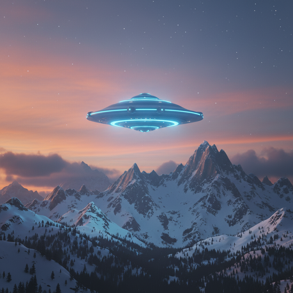 This shot captures the peaceful, liberating descent of the Andromedan Council ship over a modern-day mountain range. The smooth, blue bioluminescent hull casting its light over the peaks