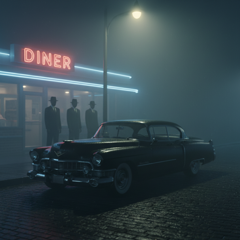 a high-tension shot of the black 1950s Cadillac idling in the fog under a flickering streetlamp, with the silhouettes of the three men standing just outside the diner. unsettling, mysterious atmosphere