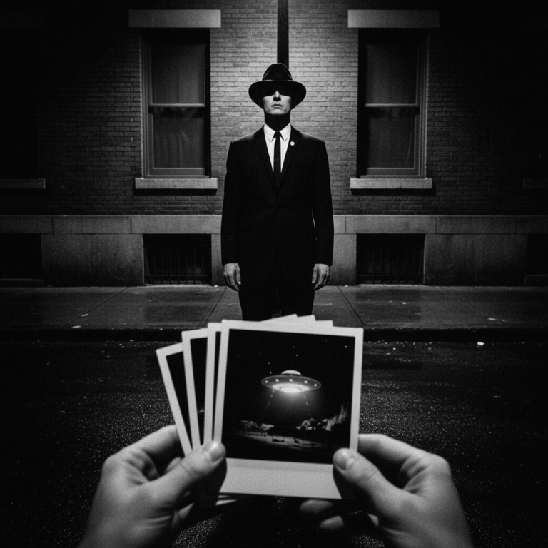 This shot captures that 1960s black-and-white aesthetic, with the trembling hands holding the Polaroid evidence and the gaunt "Man in Black" standing motionless in the rain-slicked New Jersey street. The harsh lighting and heavy film grain really lean into that high-tension paranoia.