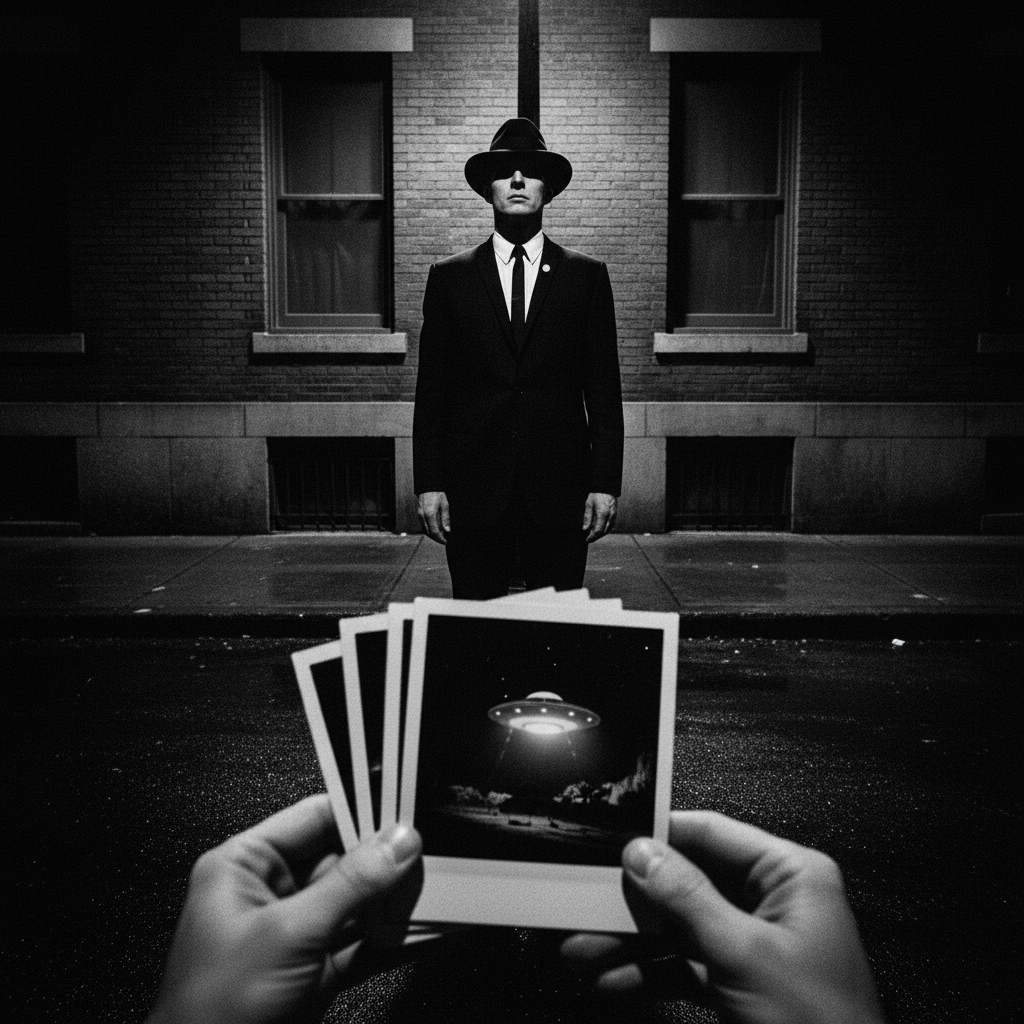 This shot captures that 1960s black-and-white aesthetic, with the trembling hands holding the Polaroid evidence and the gaunt "Man in Black" standing motionless in the rain-slicked New Jersey street. The harsh lighting and heavy film grain really lean into that high-tension paranoia.