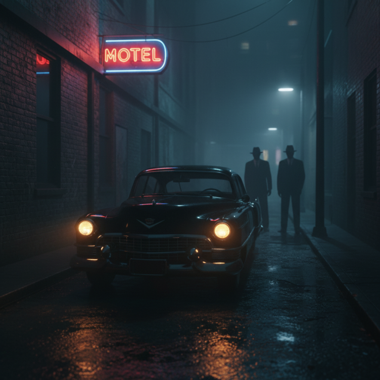 The MIB Enigma: A dark, atmospheric shot of a narrow urban alleyway at night. Two identical MIB in pitch-black 1950s suits and fedoras stand motionless under a buzzing neon sign. Between them sits a pristine, jet-black 1954 Cadillac Fleetwood with glowing amber headlights. The ground is wet with rain.