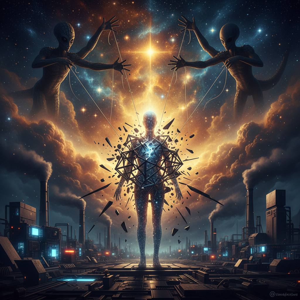 This piece captures the powerful, symbolic transition from the dark, industrial landscape at the bottom to the radiant, golden cosmic nebula at the top. The glowing human silhouette shattering the obsidian shards, with the shadowy figures above losing their grip on the snapping strings, creates an inspiring and hyper-detailed surrealist scene.