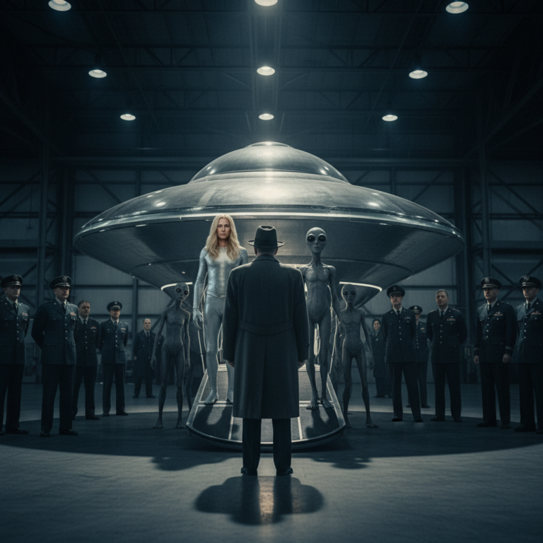 This shot captures that historic, high-tension atmosphere at Edwards Air Force Base. The cold 1950s cinematic grain, the nervous generals in the shadows, and the contrast between the tall, radiant Nordic figure and the smaller grey entities create a powerful, mysterious scene.