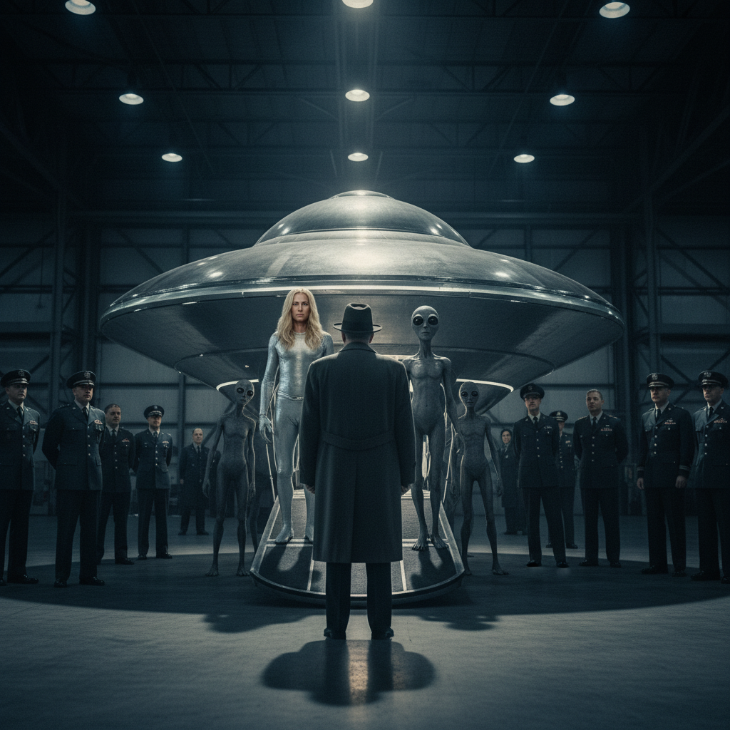 This shot captures that historic, high-tension atmosphere at Edwards Air Force Base. The cold 1950s cinematic grain, the nervous generals in the shadows, and the contrast between the tall, radiant Nordic figure and the smaller grey entities create a powerful, mysterious scene.