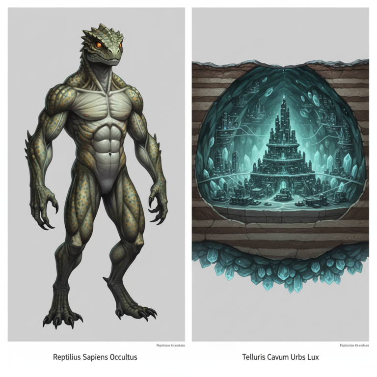 This illustration captures that "field guide" aesthetic, contrasting the detailed anatomy of the reptilian humanoid on the left with the hidden, high-tech geode city deep within the Earth's crust on the right. The clinical, bioluminescent lighting really helps sell the authoritative and eerie tone of the piece.