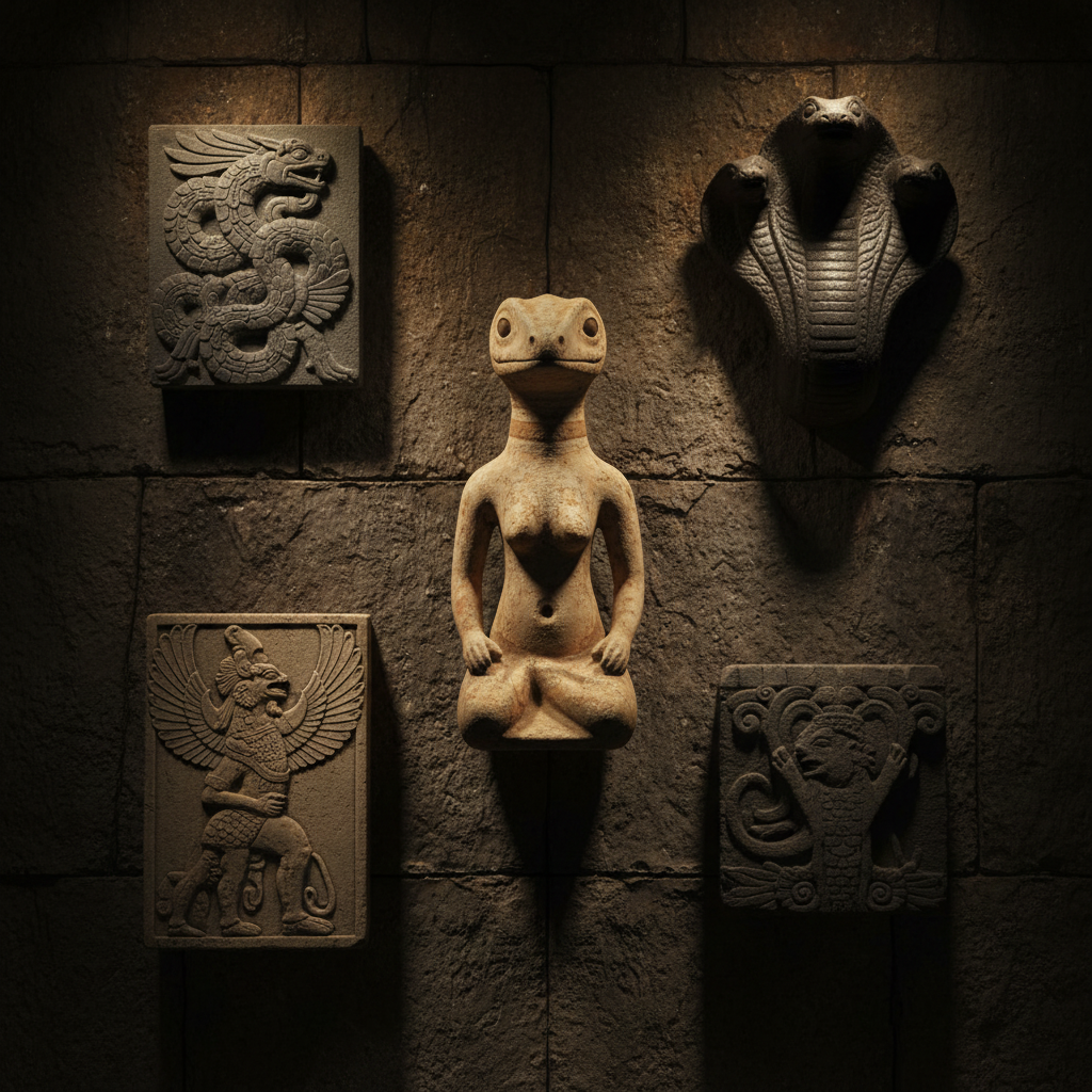 This piece captures that authoritative, historical documentary feel by showcasing the striking similarities across ancient civilizations—from the Ubaid lizard-headed mother at the center to the Quetzalcoatl, Naga, and Sumerian reliefs. The warm, golden spotlights on the textured stone background really help pull together the museum-style aesthetic.