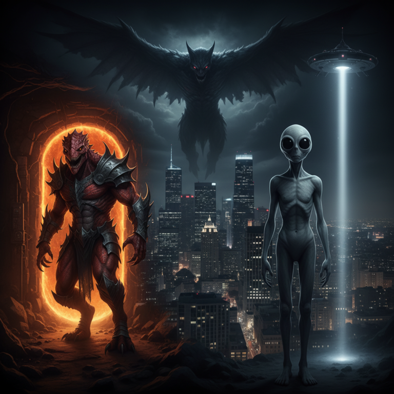 This piece captures the intense, high-contrast clash of the subterranean red-scaled warrior and the celestial cold-light of the grey figure, with the massive shadowy entity looming over the modern city. The overall feel hits that intersection of ancient cosmic horror,Barbarian Monsters and futuristic sci-fi.
